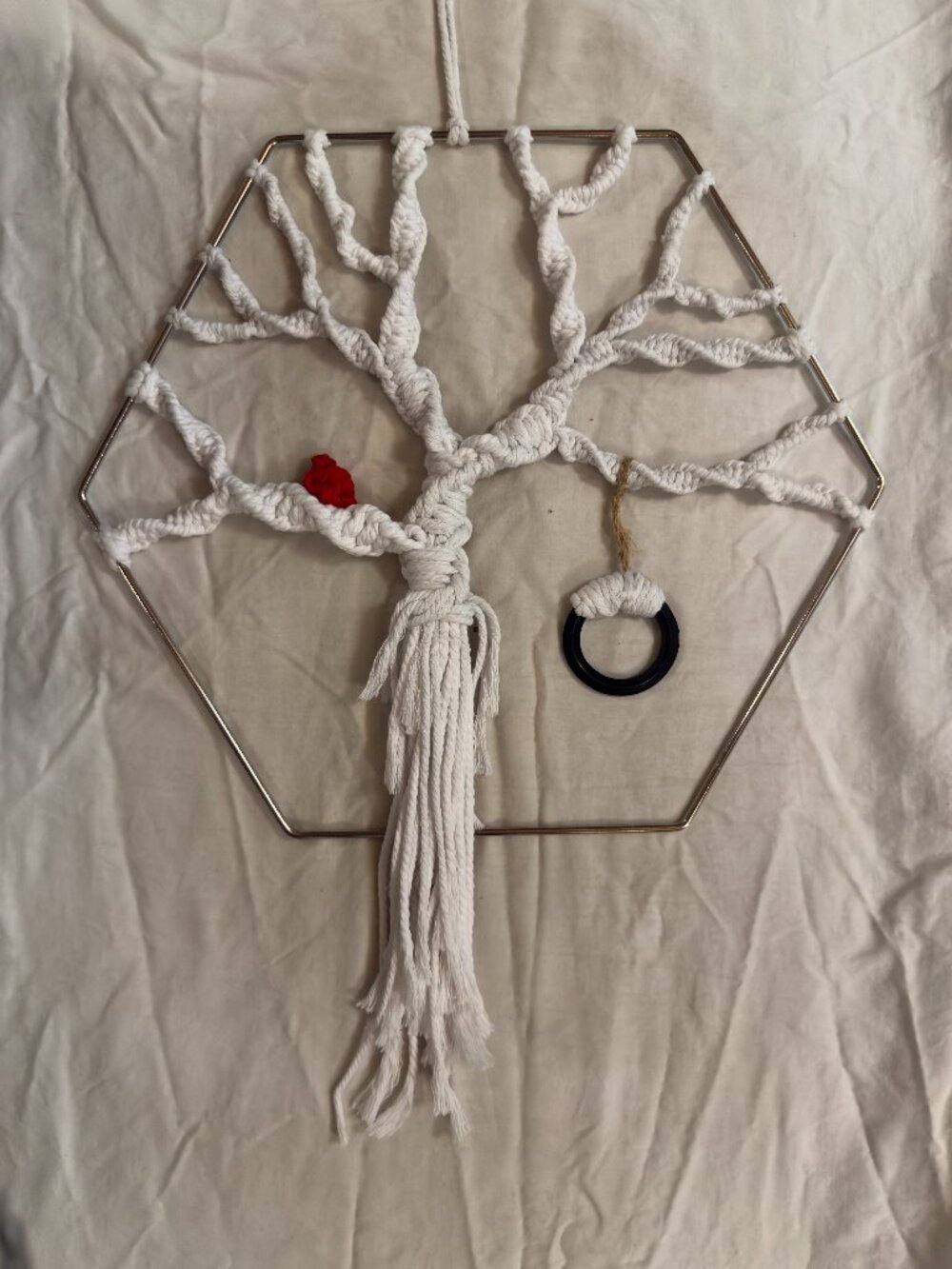 12" Hexagon Boho Macrame White Winter Tree of Life with Cardinal & Tire Swing
